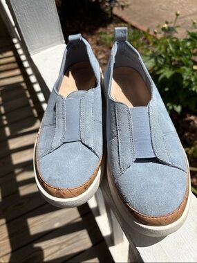 Vionic Slip-On Suede Flats in Light Blue with Tan cork Trim